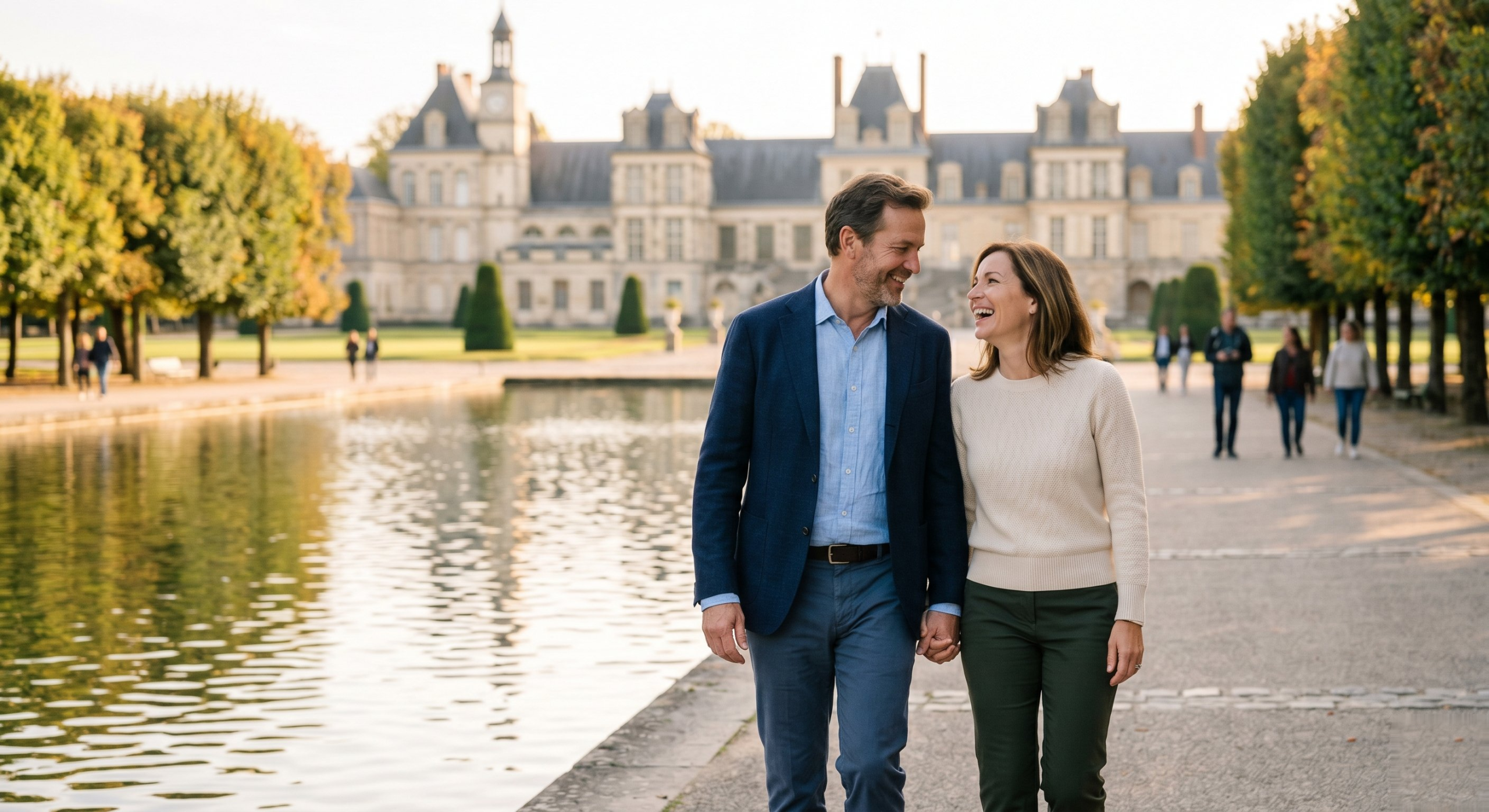 Couple se promenant devant le château de Fontainebleau